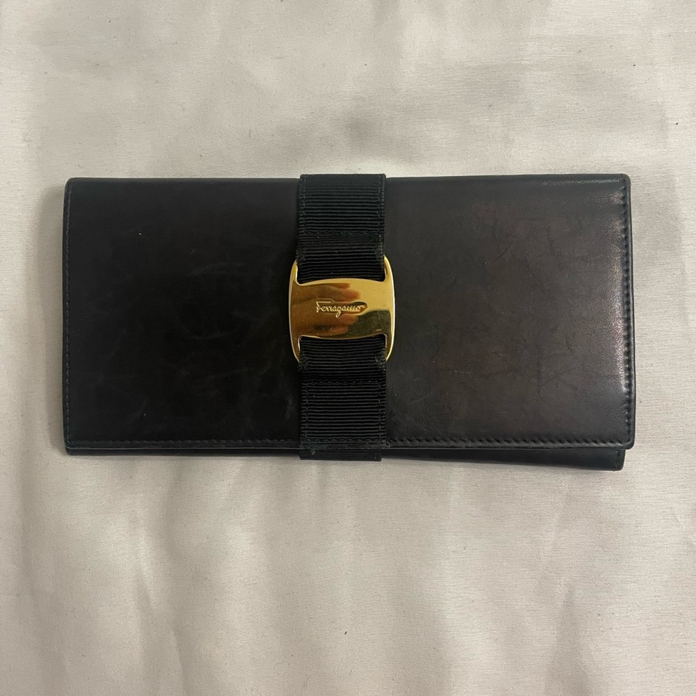 Salvatore Ferragamo Black Leather Wallet with Gold Detail